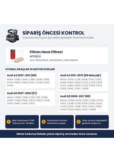 Filtron Ap139/4 Hava Filtresi - A4 B8 / A5 8t / Q5 8r 1.8-2.0 Tsı / 2.0 Tdı