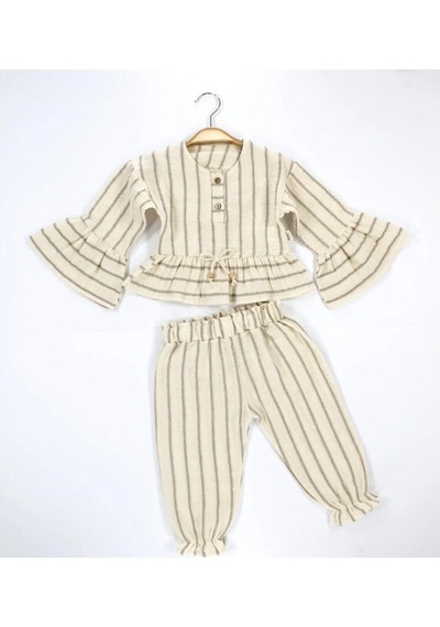 Babyhola Kız Bebek Çocuk Bayramlık Takım Volan Kollu Simli Müslin 2011 Kahverengi