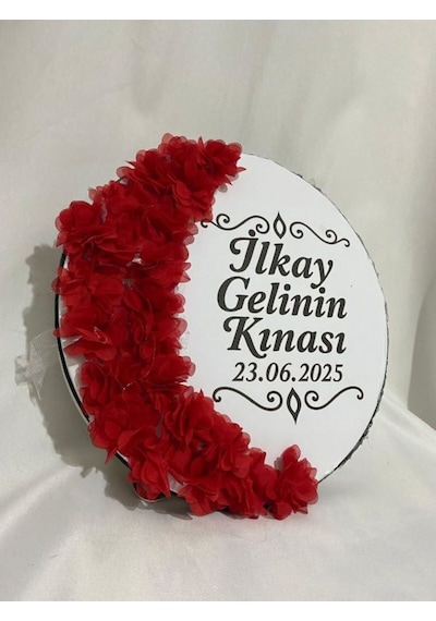 Gelin Tefi 30cm, İsim Ve Tarih Yazılı Yarım Ay Şeklinde Tasarlanmış Düğün Kına Tefi Kırmızı