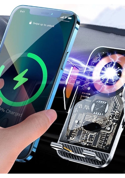 Kablosuz Araç Içi Telefon Tutucu Şarj Araç 3.5-7 Inç Uygun Havalandırma Montaj Transparan C10 Siyah