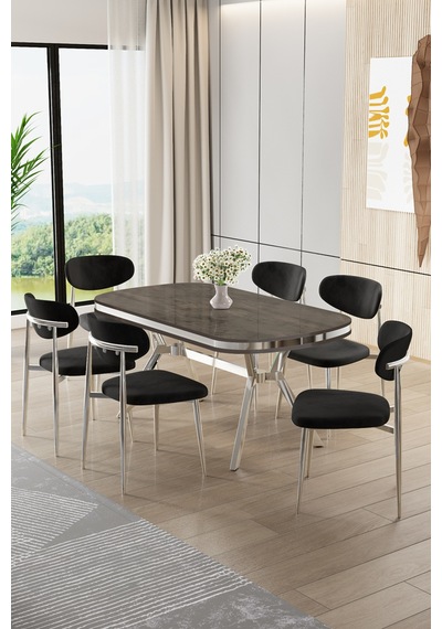 Canisa Olya Serisi 90x168 Lak Panel Antrasit İroni Masa Takımı Krom Ayaklı 6 Siyah Sandalye Antrasit İroni Masa Siyah Sandalye Canisa Olya Serisi 90x168 Lak Panel Antrasit İroni Masa Takımı Krom Ayaklı 6 Siyah Sandalye Antrasit İroni Masa Siyah Sandalye
