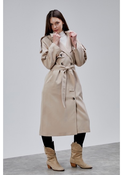 Kadın Oversize Astarlı Uzun Trençkot Vizon