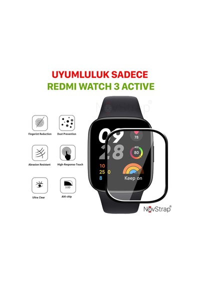 Novstrap Xiaomi Redmi Watch 3 Active İle Uyumlu Ekran Koruyucu Nano Esnek Cam Tam Kaplayan Ppm