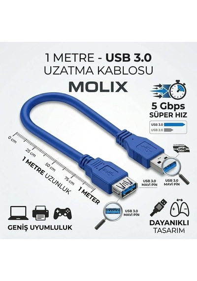 Molix MX-1701 USB 3.0 Uzatma Kablosu 1 Metre - 5Gbps High Speed Dişi/Erkek Port Uzatıcı