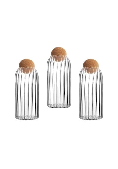 Qerhome 3 Adet Top Mantar Kapaklı Çizgili Cam Kavanoz Ve Baharatlık Seti 1200 Ml Beyaz