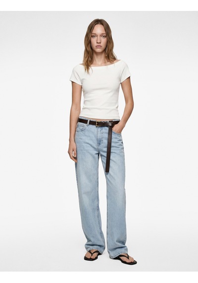 Koton Pamuklu Kısa Kollu Kayık Yaka Slim Fit Tişört Ekru 6sal10650ık
