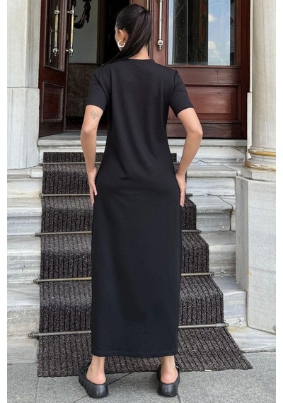 WeShaya Kadın Siyah Kısa Kol, Bisiklet Yaka, Omzu Düğmeli, Çift Yırtmaçlı, Basic Uzun Elbise Siyah