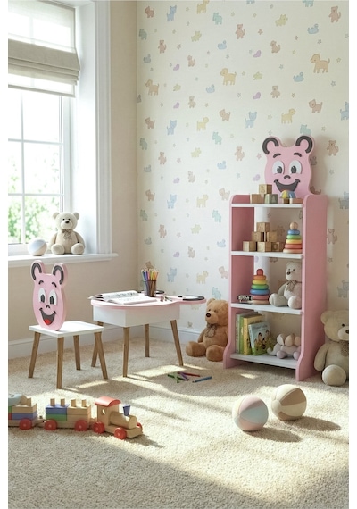 Çocuk Mobilya Seti Happy Face Masa Sandalye ve 4 Raflı Kitaplık Sevimli Figürlü Pembe
