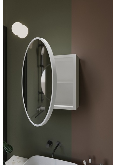 Oval Aynalı Banyo Dolabı Lavabo Üstü Kapaklı Banyo Aynası Duvar Dolabı Beyaz