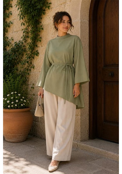 Maşuka Asimetrik Kesim Belden Bağlamalı Bol Kollu Kadın Tunik & Bluz - Şık Ve Modern Tasarım Haki Haki Maşuka Asimetrik Kesim Belden Bağlamalı Bol Kollu Kadın Tunik & Bluz - Şık Ve Modern Tasarım Haki Haki