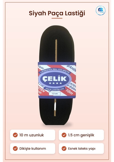 Siyah Paça Lastikı 10 M 1.5 Cm Dekoratif Şerit Dikiş Hobi Malzeme