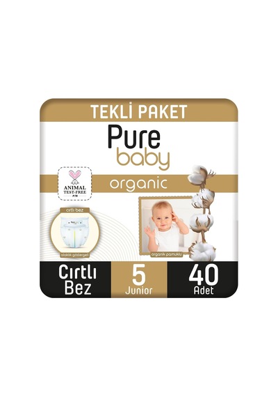 Pure Baby Organik Pamuklu Cırtlı Bez Tekli Paket 5 Numara Junior 40 Adet Tekli