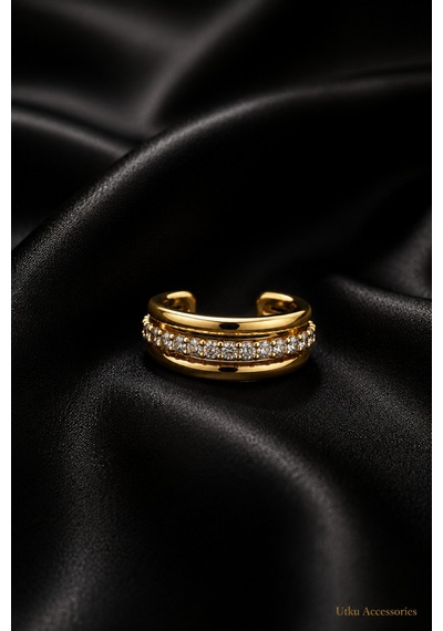 Gold Taşlı Kıkırdak Çelik Küpe Earcuff Altın