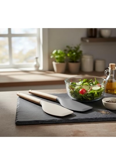 Bambu Saplı Silikon Dar Sıyırma Spatulası, Bambu Uzun Silikon Dar Spatula 27cm 3 Renk Seçenekli Krem 0