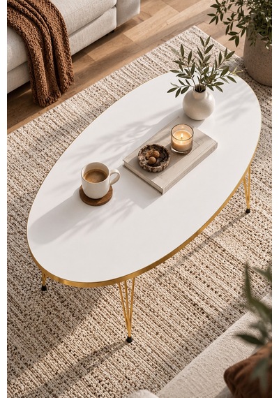 Sulorahome Elips Gold Beyaz Orta Sehpa Beyaz - Altın
