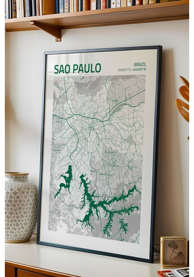 Sao Paulo Brezilya Brazil Haritası Çerçeveli Tablo Salon Ofis Duvar Dekorasyonu Hediyelik Tablo