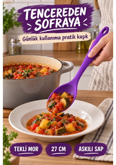 Tekli Mor Büyük Boy Silikon Kaşık 27 Cm Mutfak Yemek Pişirme Ve Servis Kaşığı Evde Yemek Sunumu İçin