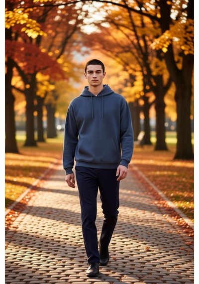 Benerly Erkek Kapüşonlu Düşük Kol Uzun Kollu Oversize Kalıp Sweatshirt Fo Indigo