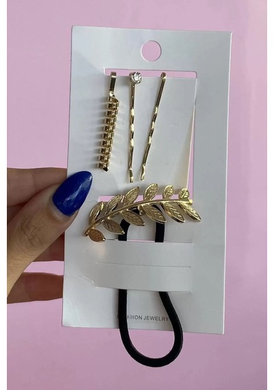 Caş Dekorasyon Altın Renk Yaprak Figürlü Metal Toka Ve Tel Toka Set Altın