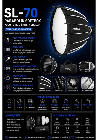 Pdx Sl-70 Softbox 70cm Parabolik Gridli Kolay Kurulum