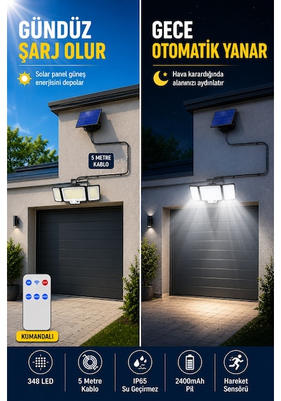 348 Led Solar Duvar Lambası, Güneş Enerjili Dış Mekan Aydınlatma, 5 Metre Kablolu Solar Panel, Hareket Sensörlü, Kumandalı, Ip65 Su Geçirmez Beyaz