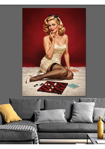 Ahşap Tablo Vintage Pin-up Beyaz Elbise