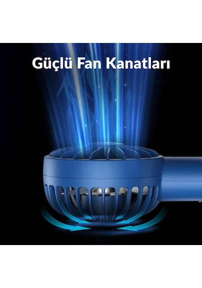 Warmco K30 Taşınabilir Şarjlı Mini El Vantilatörü 1800mah 3 Kademeli Standlı Soğutucu Fan Lacivert