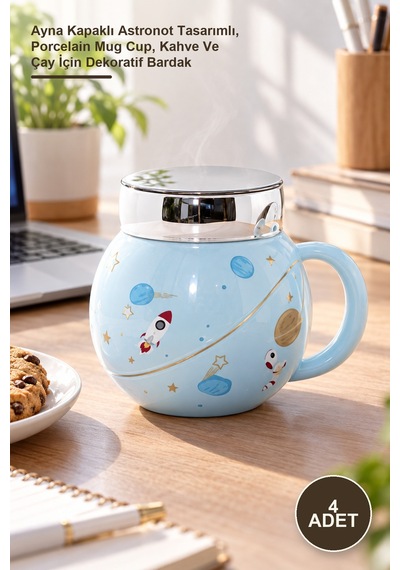 4 Adet Porselen Kupa Ayna Kapaklı Astronot Tasarımlı, Porcelain Mug Cup, Kahve Ve Çay İçin Dekoratif Bardak