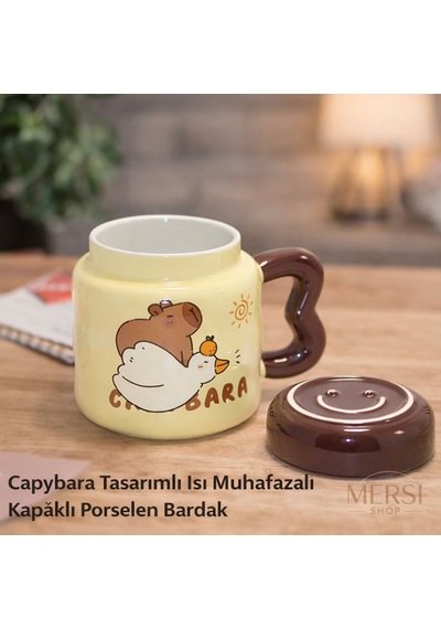 Capybara Tasarımlı Kapaklı Porselen Kupa Bardak Isı Muhafazalı Sevimli Kupa Kahverengi