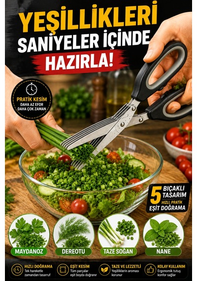 5 Bıçaklı Çoklu Doğrama Makası Sebze Yeşillik Maydanoz Taze Soğan Kesme Makası Temizleme Taraklı Set