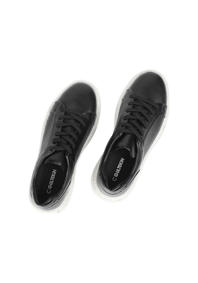 Erkek Siyah Baskılı Bağcıklı Kalın Tabanlı Deri Sneaker