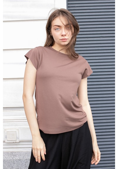 Kadın İpeksi Kumaş Geniş Sıfır Yaka Kısa Kol Tshirt Bluz-kahve Kahve