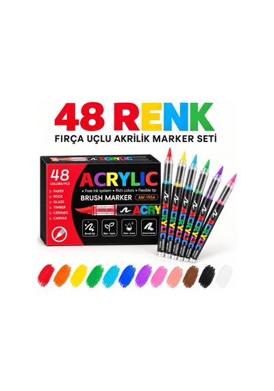Akrilik Brush Marker Kalem Seti, Esnek Fırça Uçlu 48 Renk