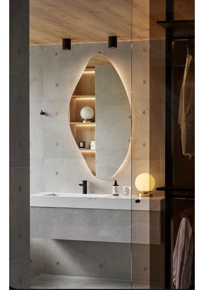 35x70 Cm Modern Oval Led Banyo Aynası Dim Edilebilir Dokunmatik, 3000k Günışığı Sarı
