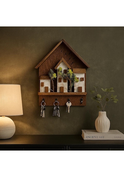 Ahşap Ev Temalı Duvar Askılığı 25x36 Cm 4 Kancalı Anahtarlık , El Yapımı Dekoratif Askı Kahverengi