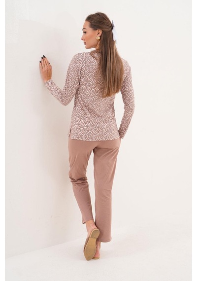 Çift Kaplan Kadın Pamuk Minimal Desen Önden Düğmeli Toprak Pijama Takımı 7034 Haki
