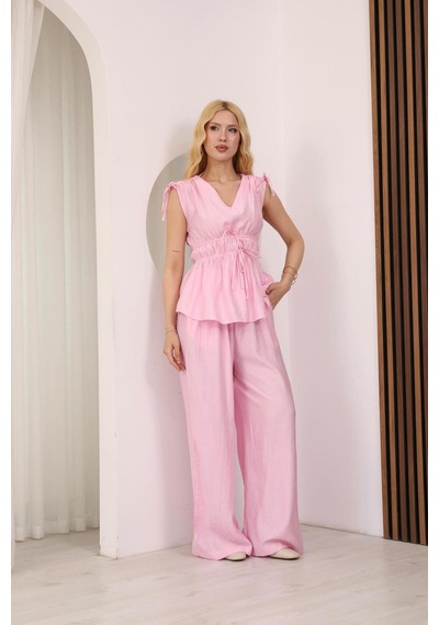 Famoda Pembe Beli Ve Omuzu Bağcıklı Peplum Bluz & Palazzo Pantolon İkili Takım