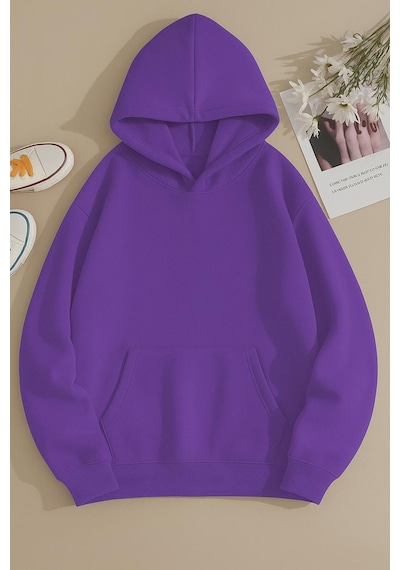 Benroma Baskısız Ünisex Kapüşonlu Sweatshırt Mor