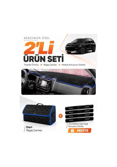 E-biz Cıtroen C5 Aircross 2018-2026 Uyumlu Torpido Örtüsü + Deri Çanta - Siyah-mavi - Cı014