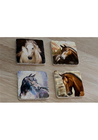 Atlar Doğal Taş Bardak Altlığı 4'lü Set - Natural Stone Coasters - Taş Çok Renkli