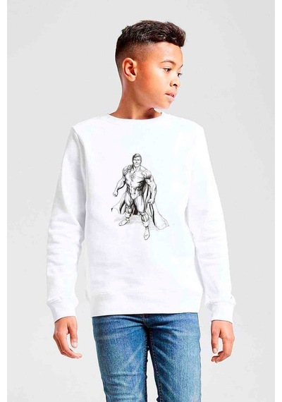 Tshirthane Süper Adam Baskılı Unisex Çocuk Beyaz Sweatshirt Beyaz