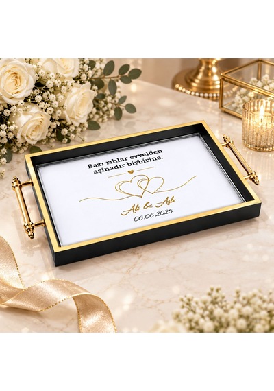 Bk Gift Kişiye Özel Siyah&gold Söz Nişan Tepsisi-2 - 39x23 Cm Çok Renkli