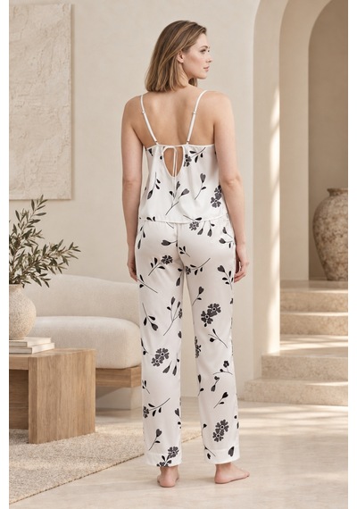 Loule Kadın Beyaz-siyah Çiçekli Kimonolu Saten Pijama Takımı Beyaz - Siyah