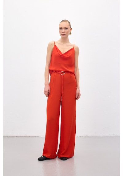 Sateen Kemerli Salaş Pantolon - Oranj-136698 Oranj