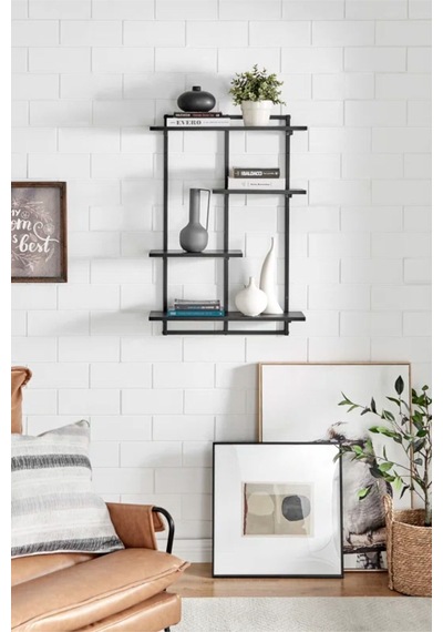 Aju Modern Duvar Rafı - 4 Katlı Metal Şık Modern Yüzen Pencere Duvar Rafı Kitaplık Düzenleyici Raff Siyah
