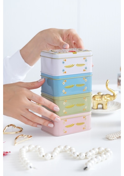 4'lü Set - Fleur Kabartmalı Vintage Metal Saklama Kutusu