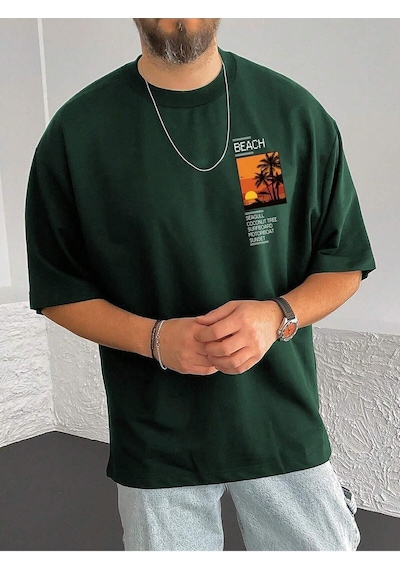 Beach Logo T-shirt - Yeşil Baskılı Oversize Bisiklet Yaka Kısa Kol Yeşil