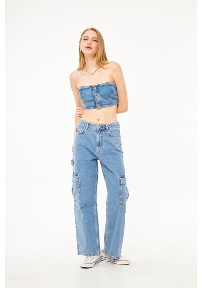 Bol Kesim Kadın Denim Kargo Pantolon 001