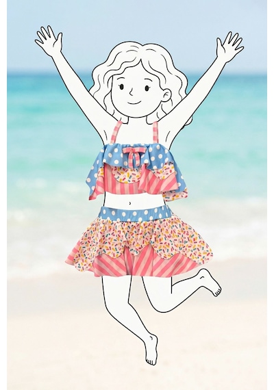 Zuzunga Fırfırlı Kız Çocuk Renkli Şeker Desenli Bikini Takımı Pembe