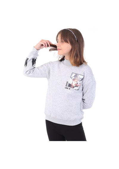Toontoy Kız Çocuk Baskılı Nakışlı Sweatshirt Gri Melanj